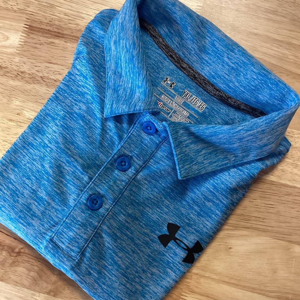 Boys Under Armour‎ Heat Gear Loose Polo Short Sleeve Heathered Blue Size YXL